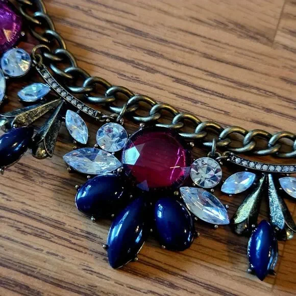 J CREW Raspberry And Purple Crystal Vintage Statement Necklace STATEMENT MAKING! - Picture 3 of 12